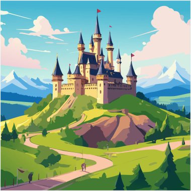 Tepe vektör sanat tasarımı üzerine tünemiş bir ortaçağ kalesi.