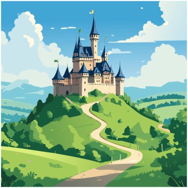 Tepe vektör sanat tasarımı üzerine tünemiş bir ortaçağ kalesi.