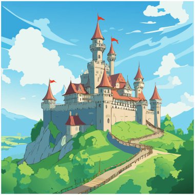 Tepe vektör sanat tasarımı üzerine tünemiş bir ortaçağ kalesi.