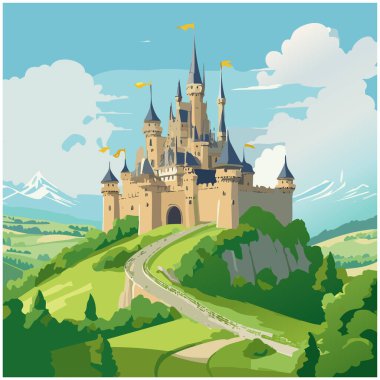 Tepe vektör sanat tasarımı üzerine tünemiş bir ortaçağ kalesi.