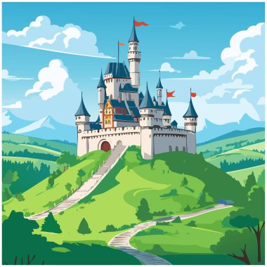 Tepe vektör sanat tasarımı üzerine tünemiş bir ortaçağ kalesi.