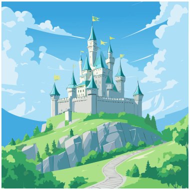 Tepe vektör sanat tasarımı üzerine tünemiş bir ortaçağ kalesi.