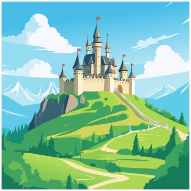 Tepe vektör sanat tasarımı üzerine tünemiş bir ortaçağ kalesi.