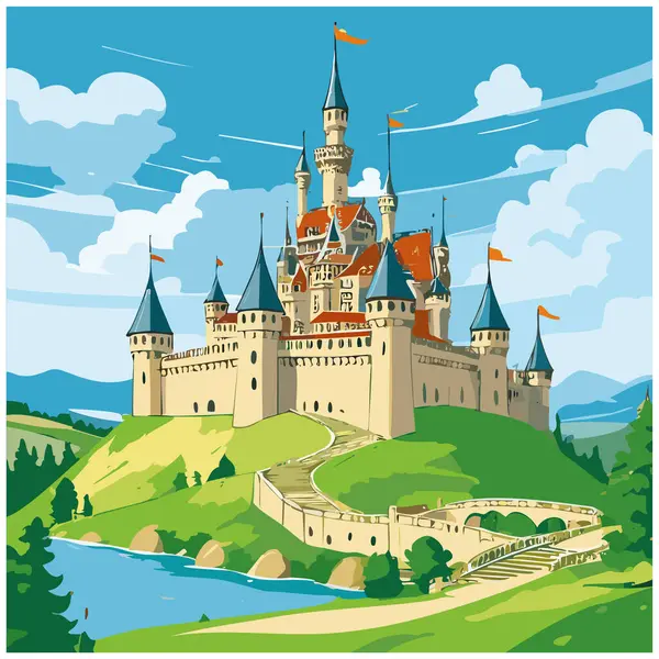 Tepe vektör sanat tasarımı üzerine tünemiş bir ortaçağ kalesi.