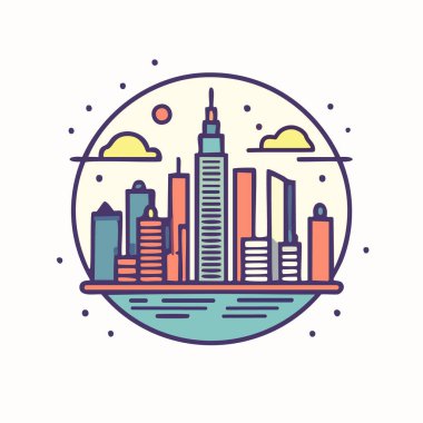 Klasik poster tarzında bilim kurgu unsurları olan şehir manzarası, kalın ve düz, minimal çizgiler vektör sanat logosu tasarımı