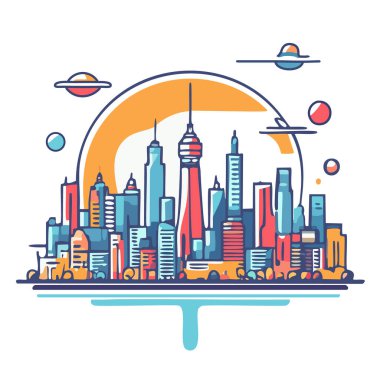 Klasik poster tarzında bilim kurgu unsurları olan şehir manzarası, kalın ve düz, minimal çizgiler vektör sanat logosu tasarımı