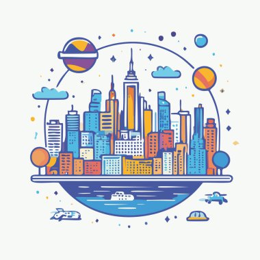 Klasik poster tarzında bilim kurgu unsurları olan şehir manzarası, kalın ve düz, minimal çizgiler vektör sanat logosu tasarımı