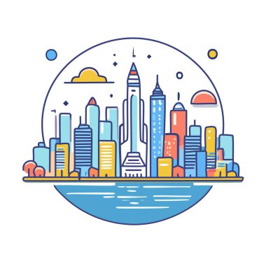 Klasik poster tarzında bilim kurgu unsurları olan şehir manzarası, kalın ve düz, minimal çizgiler vektör sanat logosu tasarımı