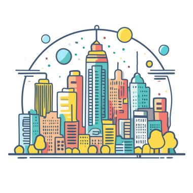 Klasik poster tarzında bilim kurgu unsurları olan şehir manzarası, kalın ve düz, minimal çizgiler vektör sanat logosu tasarımı