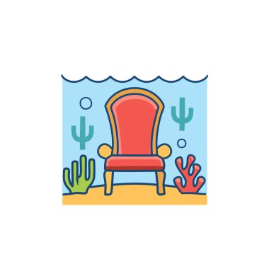 Su altında deniz yosunu ve mercan resifleri olan bir taht. Sanat tasarımı vektörü.. 