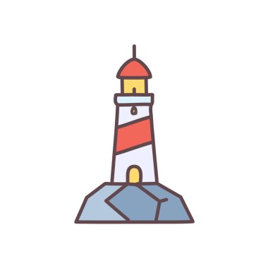 Kaya ikonu vektör sanat çizimi üzerindeki renkli deniz feneri. Simge konsepti tasarımı.
