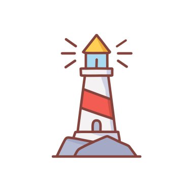 Kaya ikonu vektör sanat çizimi üzerindeki renkli deniz feneri. Simge konsepti tasarımı.