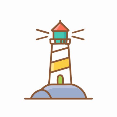 Kaya ikonu vektör sanat çizimi üzerindeki renkli deniz feneri. Simge konsepti tasarımı.