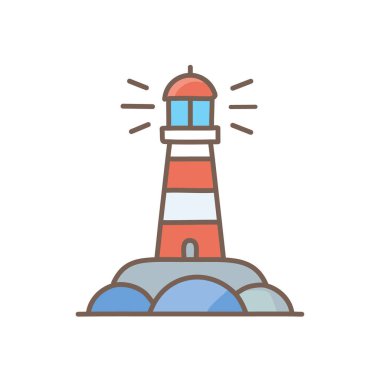 Kaya ikonu vektör sanat çizimi üzerindeki renkli deniz feneri. Simge konsepti tasarımı.
