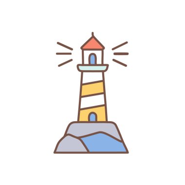 Kaya ikonu vektör sanat çizimi üzerindeki renkli deniz feneri. Simge konsepti tasarımı.
