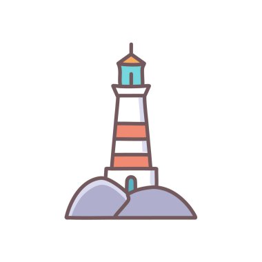 Kaya ikonu vektör sanat çizimi üzerindeki renkli deniz feneri. Simge konsepti tasarımı.