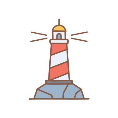 Kaya ikonu vektör sanat çizimi üzerindeki renkli deniz feneri. Simge konsepti tasarımı.