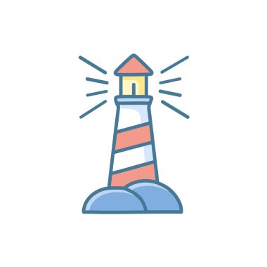 Kaya ikonu vektör sanat çizimi üzerindeki renkli deniz feneri. Simge konsepti tasarımı.