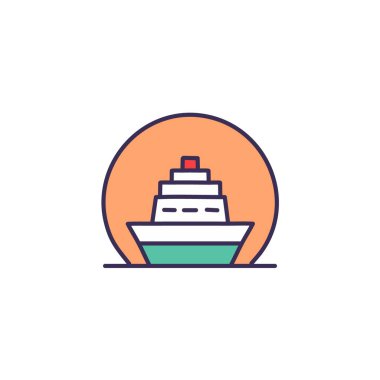 Güneş battıktan sonra soyut renkli gemi ve turuncu gökyüzü deniz vektörü resim ikonu tasarımının ortasında. Simge konsept vektör tasarımı
