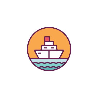 Güneş battıktan sonra soyut renkli gemi ve turuncu gökyüzü deniz vektörü resim ikonu tasarımının ortasında. Simge konsept vektör tasarımı