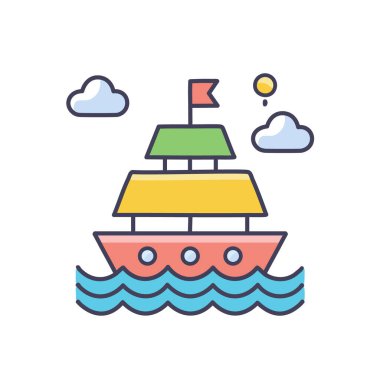 Güneş battıktan sonra soyut renkli gemi ve turuncu gökyüzü deniz vektörü resim ikonu tasarımının ortasında. Simge konsept vektör tasarımı