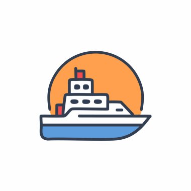 Güneş battıktan sonra soyut renkli gemi ve turuncu gökyüzü deniz vektörü resim ikonu tasarımının ortasında. Simge konsept vektör tasarımı