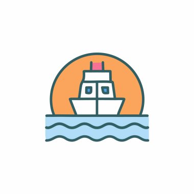 Güneş battıktan sonra soyut renkli gemi ve turuncu gökyüzü deniz vektörü resim ikonu tasarımının ortasında. Simge konsept vektör tasarımı