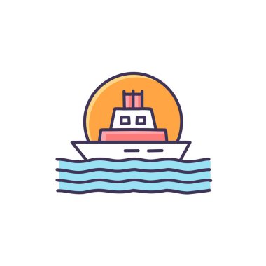 Güneş battıktan sonra soyut renkli gemi ve turuncu gökyüzü deniz vektörü resim ikonu tasarımının ortasında. Simge konsept vektör tasarımı