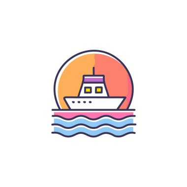 Güneş battıktan sonra soyut renkli gemi ve turuncu gökyüzü deniz vektörü resim ikonu tasarımının ortasında. Simge konsept vektör tasarımı