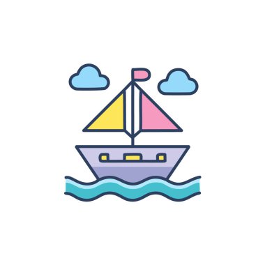 Güneş battıktan sonra soyut renkli gemi ve turuncu gökyüzü deniz vektörü resim ikonu tasarımının ortasında. Simge konsept vektör tasarımı