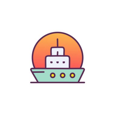 Güneş battıktan sonra soyut renkli gemi ve turuncu gökyüzü deniz vektörü resim ikonu tasarımının ortasında. Simge konsept vektör tasarımı