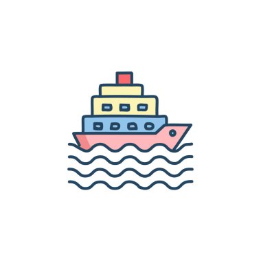 Güneş battıktan sonra soyut renkli gemi ve turuncu gökyüzü deniz vektörü resim ikonu tasarımının ortasında. Simge konsept vektör tasarımı