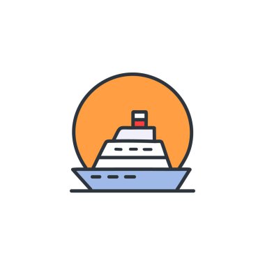 Güneş battıktan sonra soyut renkli gemi ve turuncu gökyüzü deniz vektörü resim ikonu tasarımının ortasında. Simge konsept vektör tasarımı