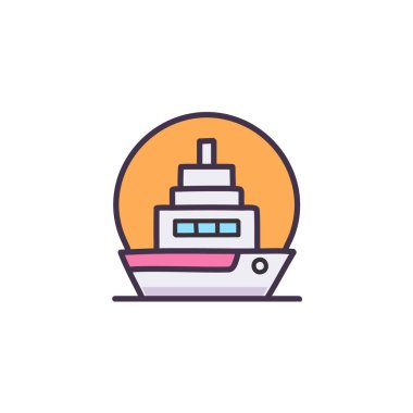 Güneş battıktan sonra soyut renkli gemi ve turuncu gökyüzü deniz vektörü resim ikonu tasarımının ortasında. Simge konsept vektör tasarımı