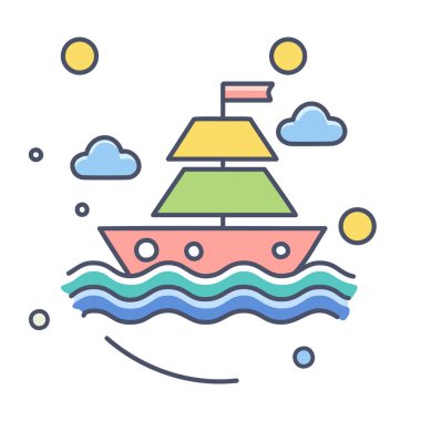 Güneş battıktan sonra soyut renkli gemi ve turuncu gökyüzü deniz vektörü resim ikonu tasarımının ortasında. Simge konsept vektör tasarımı