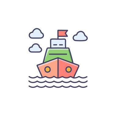 Güneş battıktan sonra soyut renkli gemi ve turuncu gökyüzü deniz vektörü resim ikonu tasarımının ortasında. Simge konsept vektör tasarımı