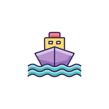 Güneş battıktan sonra soyut renkli gemi ve turuncu gökyüzü deniz vektörü resim ikonu tasarımının ortasında. Simge konsept vektör tasarımı