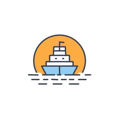 Güneş battıktan sonra soyut renkli gemi ve turuncu gökyüzü deniz vektörü resim ikonu tasarımının ortasında. Simge konsept vektör tasarımı