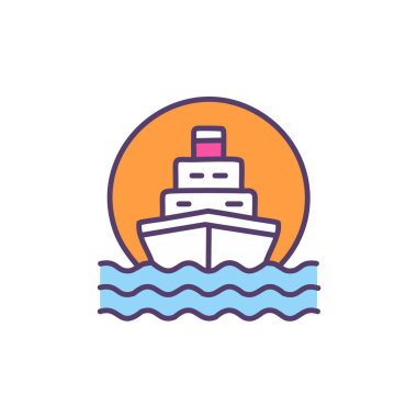 Güneş battıktan sonra soyut renkli gemi ve turuncu gökyüzü deniz vektörü resim ikonu tasarımının ortasında. Simge konsept vektör tasarımı