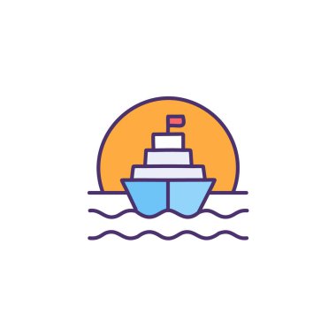 Güneş battıktan sonra soyut renkli gemi ve turuncu gökyüzü deniz vektörü resim ikonu tasarımının ortasında. Simge konsept vektör tasarımı