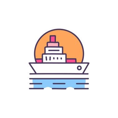 Güneş battıktan sonra soyut renkli gemi ve turuncu gökyüzü deniz vektörü resim ikonu tasarımının ortasında. Simge konsept vektör tasarımı