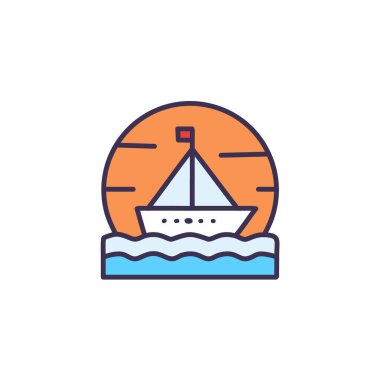 Güneş battıktan sonra soyut renkli gemi ve turuncu gökyüzü deniz vektörü resim ikonu tasarımının ortasında. Simge konsept vektör tasarımı