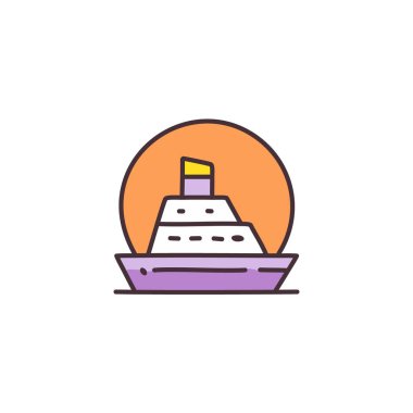 Güneş battıktan sonra soyut renkli gemi ve turuncu gökyüzü deniz vektörü resim ikonu tasarımının ortasında. Simge konsept vektör tasarımı