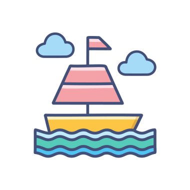 Güneş battıktan sonra soyut renkli gemi ve turuncu gökyüzü deniz vektörü resim ikonu tasarımının ortasında. Simge konsept vektör tasarımı