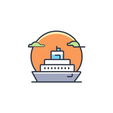 Güneş battıktan sonra soyut renkli gemi ve turuncu gökyüzü deniz vektörü resim ikonu tasarımının ortasında. Simge konsept vektör tasarımı