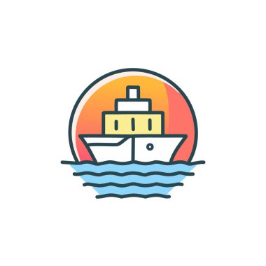 Güneş battıktan sonra soyut renkli gemi ve turuncu gökyüzü deniz vektörü resim ikonu tasarımının ortasında. Simge konsept vektör tasarımı