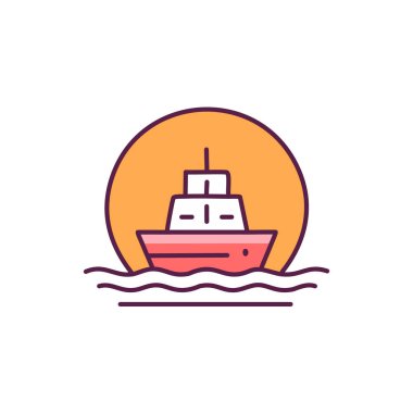 Güneş battıktan sonra soyut renkli gemi ve turuncu gökyüzü deniz vektörü resim ikonu tasarımının ortasında. Simge konsept vektör tasarımı