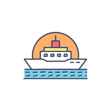Güneş battıktan sonra soyut renkli gemi ve turuncu gökyüzü deniz vektörü resim ikonu tasarımının ortasında. Simge konsept vektör tasarımı