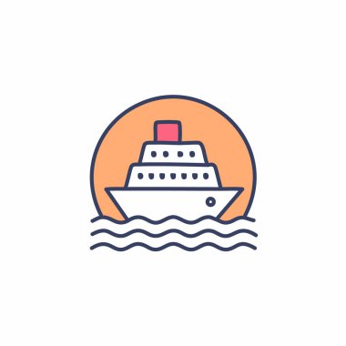 Güneş battıktan sonra soyut renkli gemi ve turuncu gökyüzü deniz vektörü resim ikonu tasarımının ortasında. Simge konsept vektör tasarımı