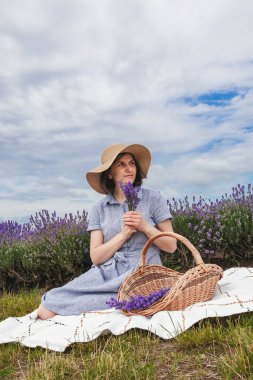 Beautiful Young women in the lavender field. She is rests enjoing.High quality photo clipart